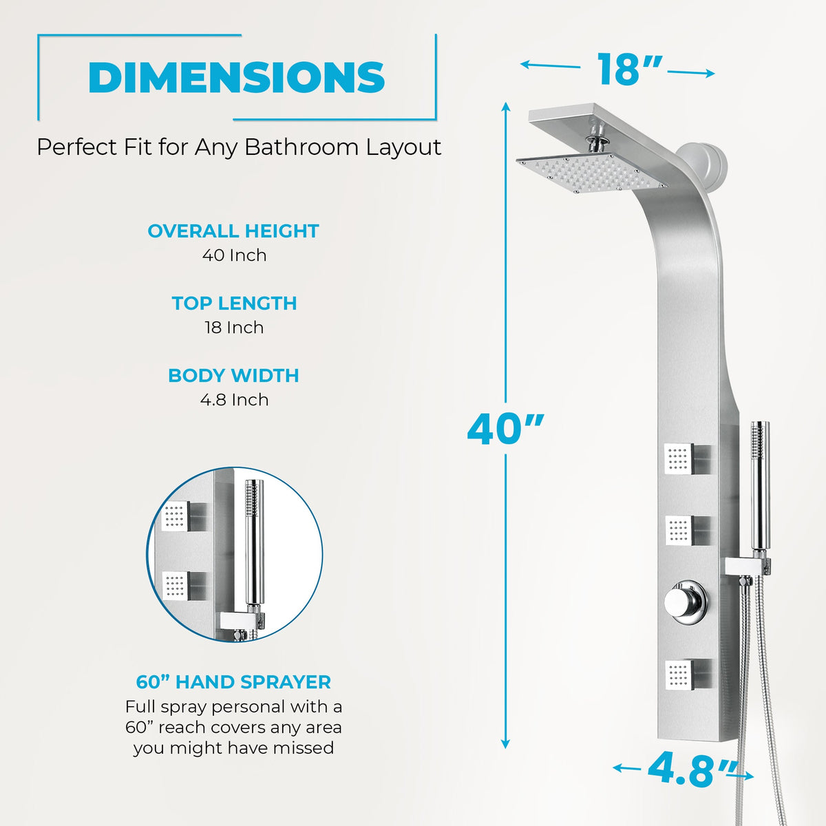 Sans Series 40 in. 3-Jetted Full Body Shower Tower System with Rainfall Showerhead and Spray Wand in Brushed Steel