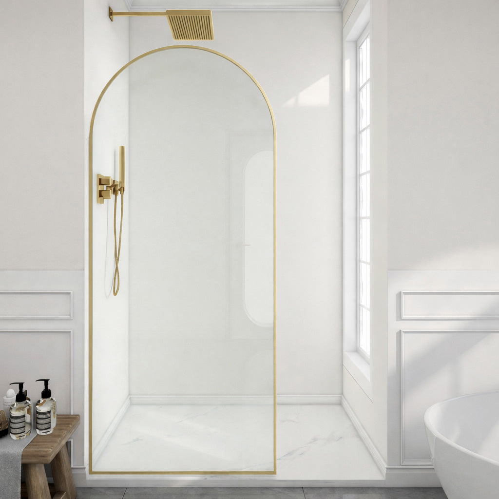 Ember Series 34 in. x 78 in Framed Arch Fixed Shower Screen Door with 8mm Tempered Clear or Fluted Glass