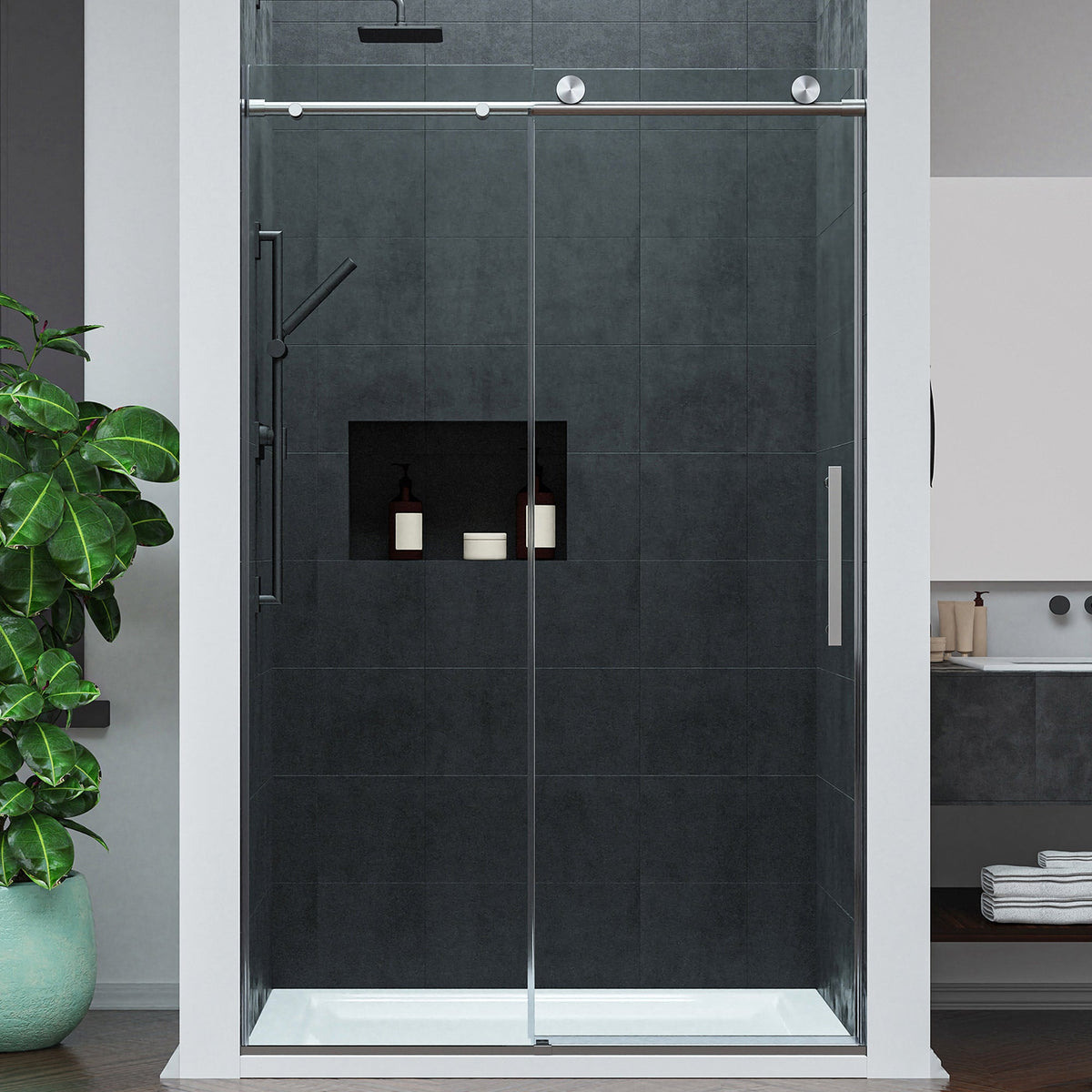 Frameless Shower Door, Mountain x Reversible Sliding Multiple Finishes