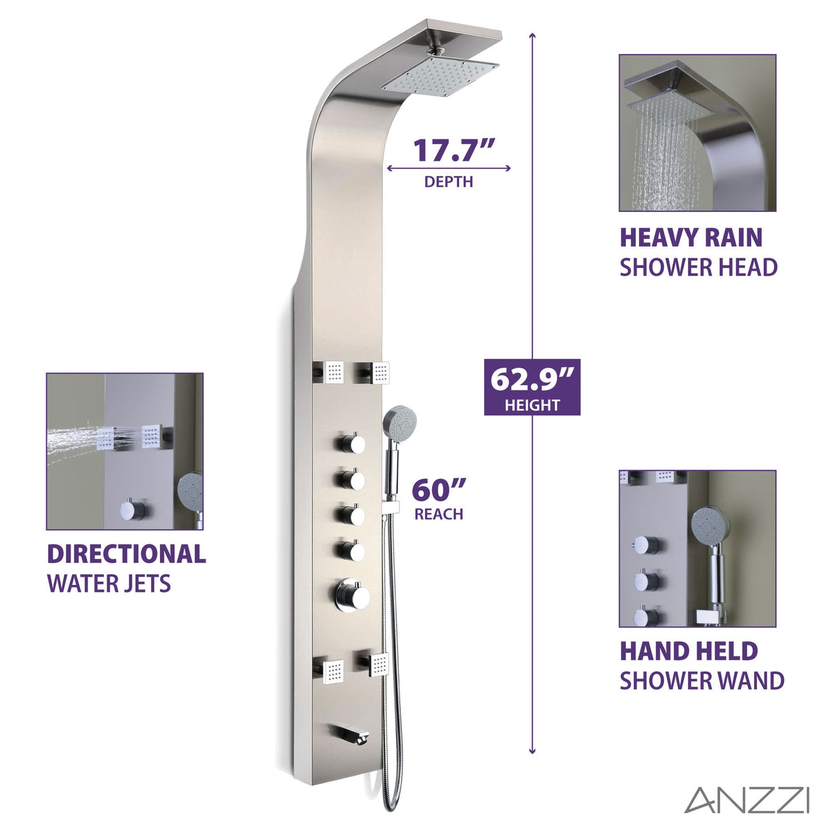 Shower Panel, Echo Jetted Full Body Brushed Steel