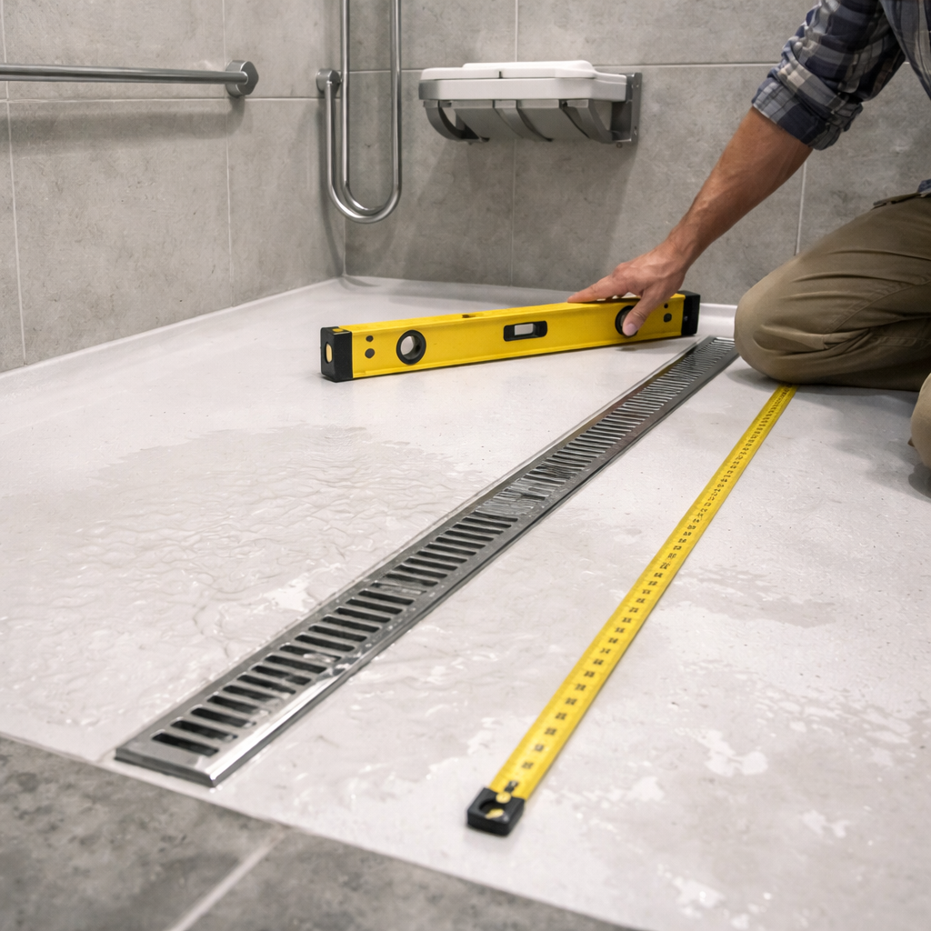 contractor checking slope in ADA compliant accessible shower with level and tape measure