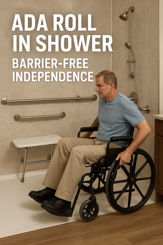Wheelchair user accessing ADA roll in shower with barrier free entry and grab bars