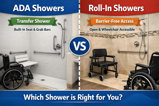 ADA showers vs roll in showers comparison showing layout differences for accessible bathrooms