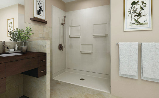 Roll in shower with wall mounted seat designed for caregiver workflow bathrooms and assisted daily routines