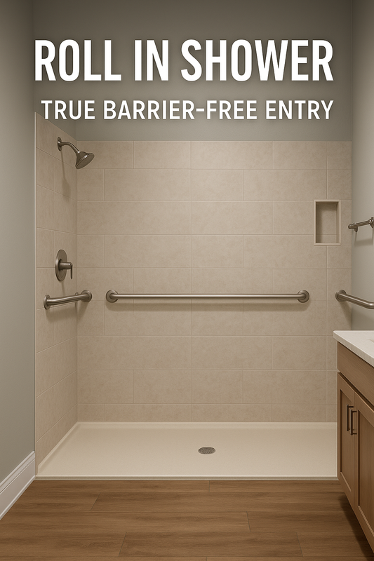 Roll in shower with true barrier free entry and safety grab bars