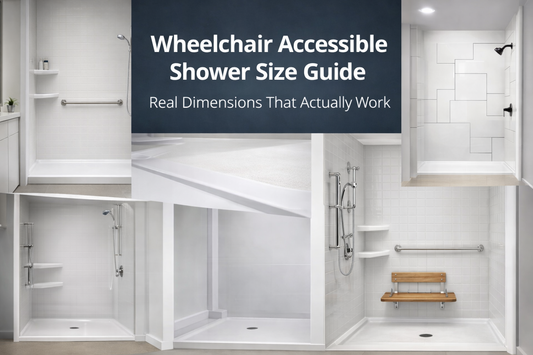 Wheelchair accessible shower size guide showing barrier free roll in shower dimensions with wall mounted teak fold down seat