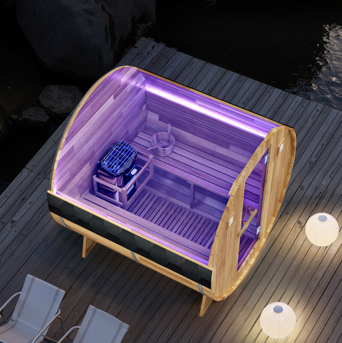 Outdoor Sauna, 4 Person Barrel Wet Shingle Roof