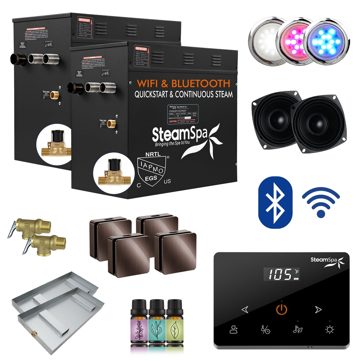 Steam Shower Generator, Full Package, Black Wireless Deluxe New Square Heads