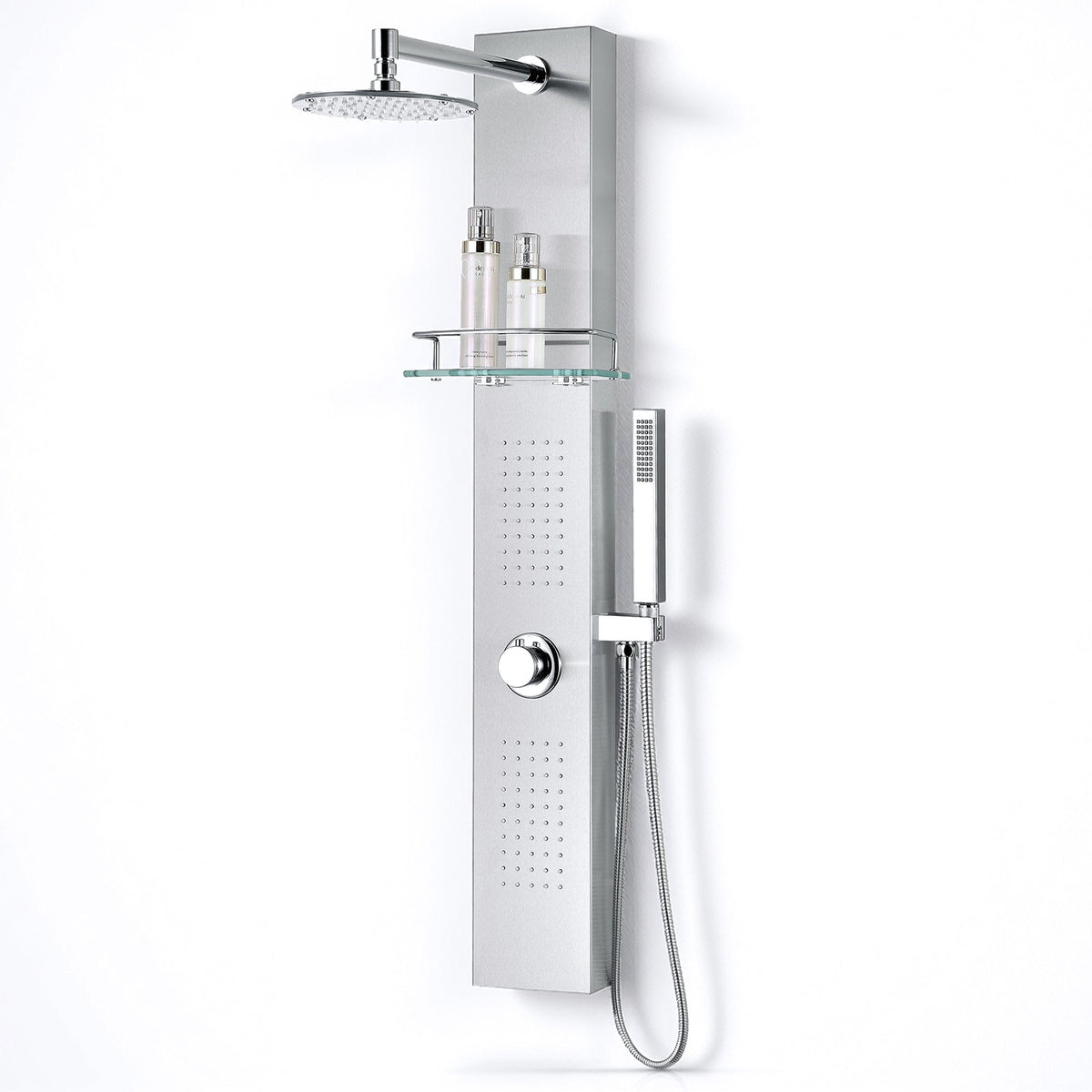 Coastal Series 44 in. 2-Jetted Full Body Shower Tower System with Rainfall Showerhead and Spray Wand in Brushed Steel