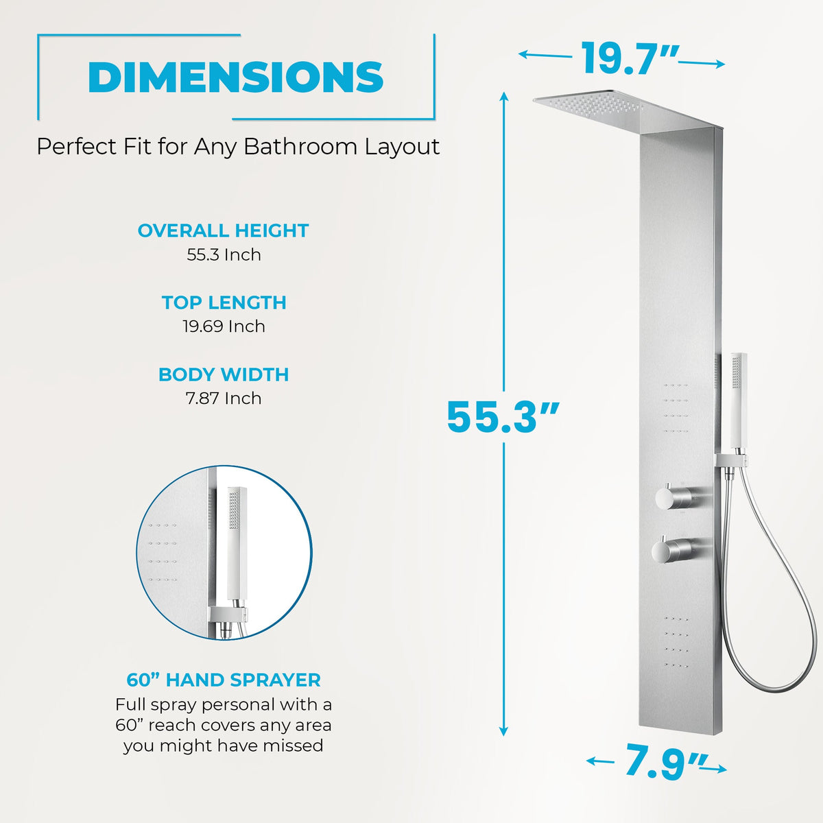 Shower Panel, Collines Jetted Tower Heavy Spray Wand