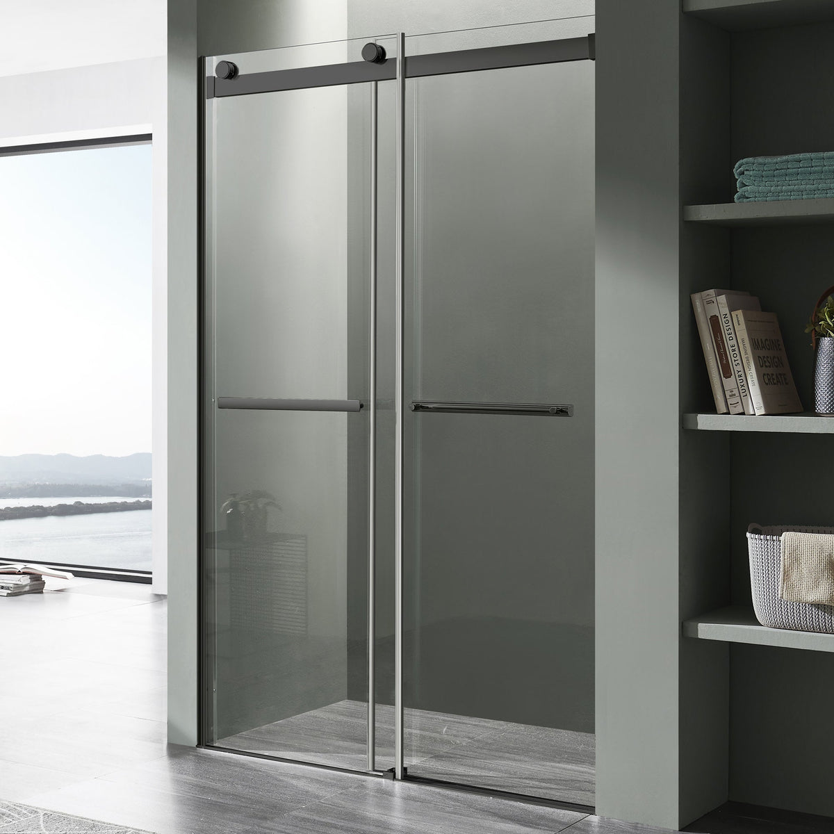 Kahn Series 45 to 48 in. x 76 in. Sliding Frameless Shower Door with Tsunami Guard Tempered Glass