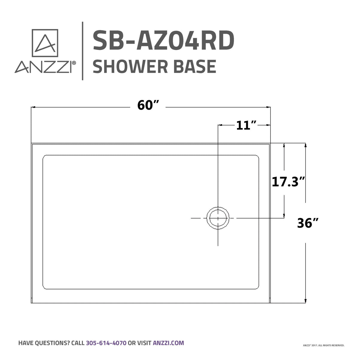 Tiers Base Series 36 in. L x 60 in. W Alcove Shower Shower Pan Base with Right Drain in Glossy White Marine Acrylic
