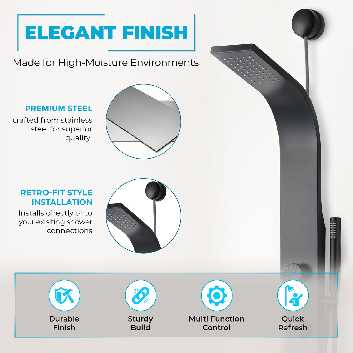 Cici Series 39 in. 2-Jetted Shower Tower with Heavy Rain Shower and Body Jets and Spray Wand