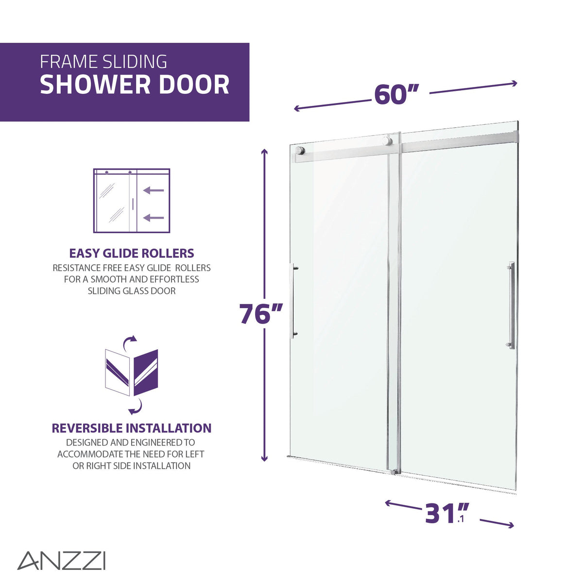 76 x 57 Framed Shower Door, Center Drain, Pan Only