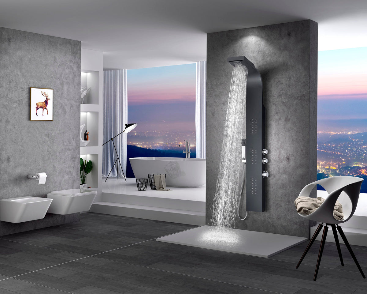 LEVEL Series 66 in. 3-Jetted Full Body Shower Panel System with Heavy Rain Shower and Body Jets and Spray Wand in Black