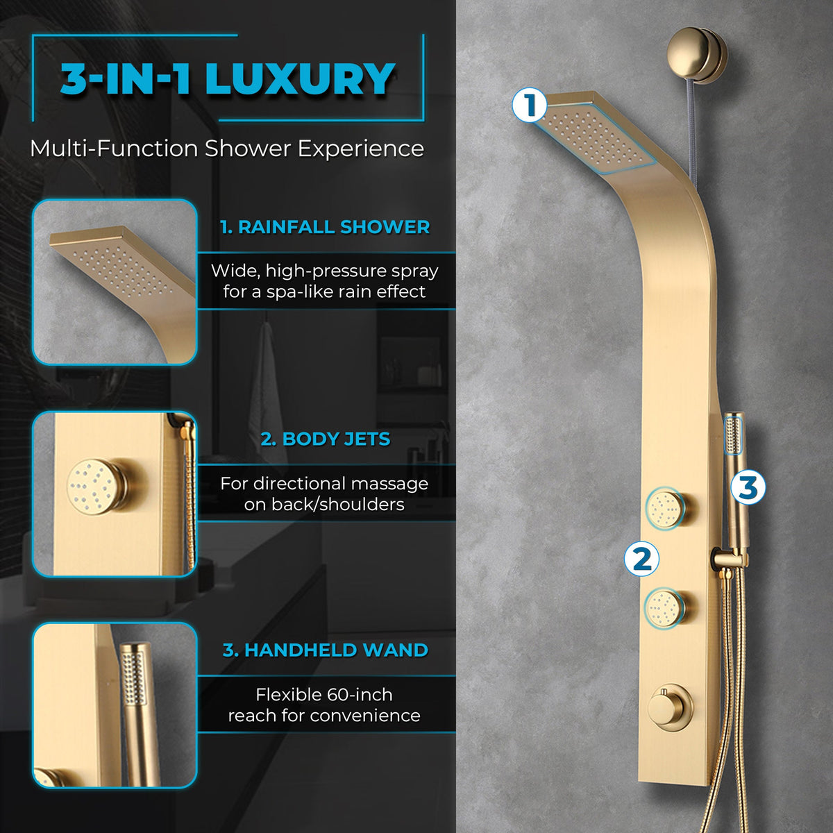 Cici Series 39 in. 2-Jetted Shower Tower with Heavy Rain Shower and Body Jets and Spray Wand