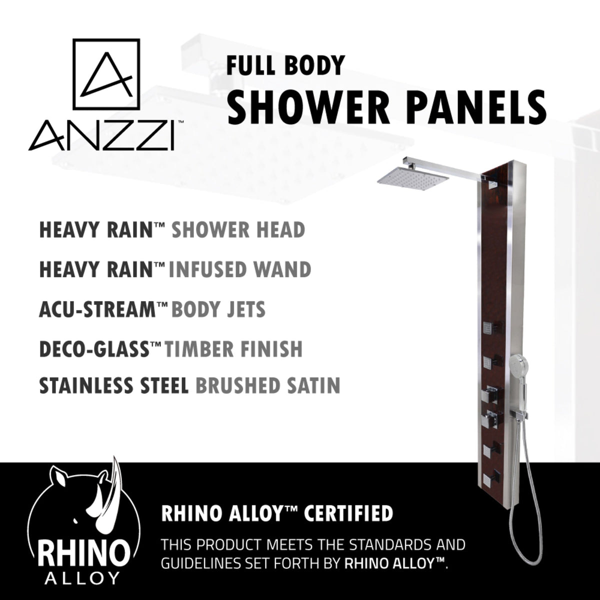 Monsoon 57 in. 4-Jetted Full Body Shower Panel System with Heavy Rain Shower and Spray Wand in Mahogany Style Deco-Glass