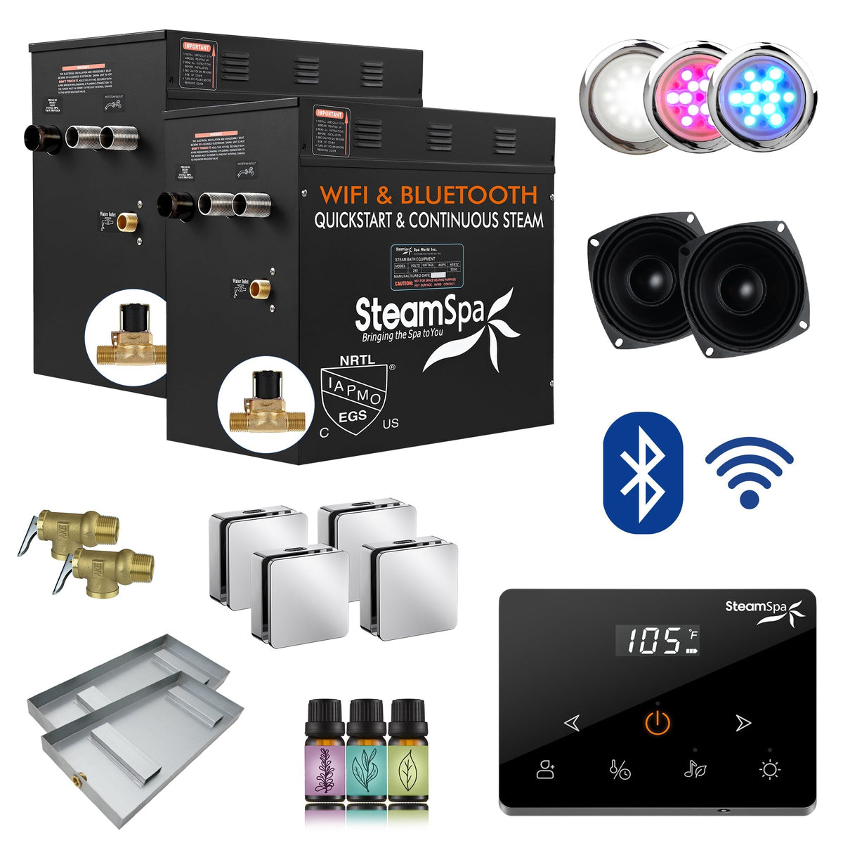 Steam Shower Generator, Full Package, Black Wireless Deluxe New Square Heads