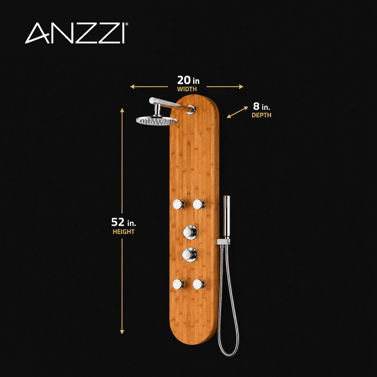 Crane Series 52 in. Full Body Shower Panel with Heavy Rain Shower and Body Jets and Spray Wand in Natural Bamboo