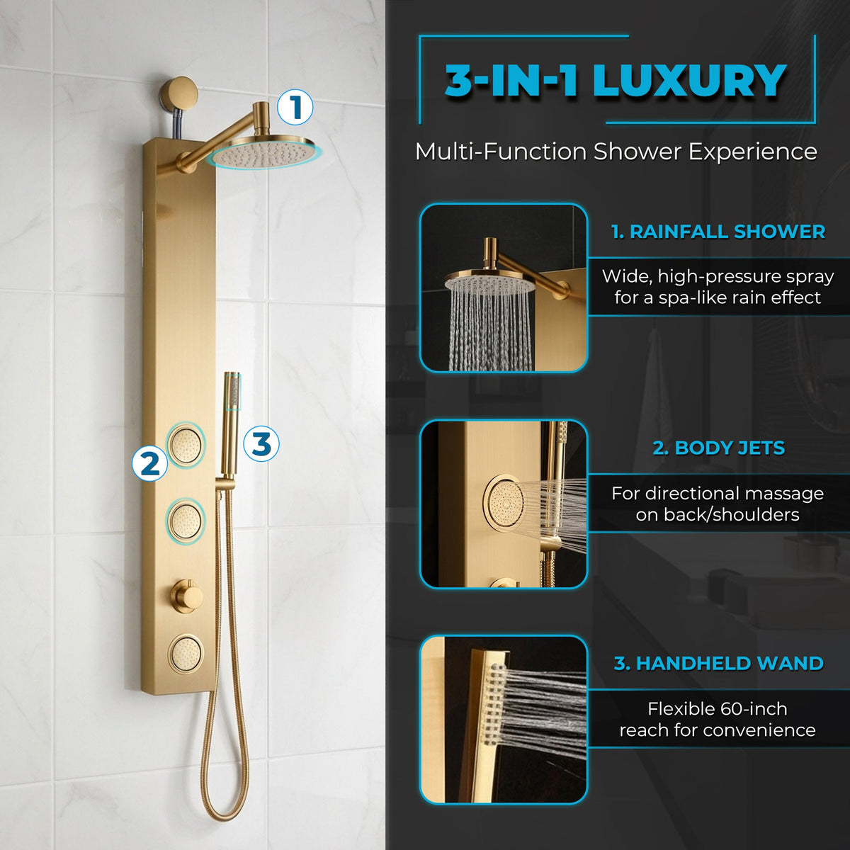 Beverly Series 43 in. 3-Jetted Shower Tower with Heavy Rain Shower and Body Jets and Spray Wand