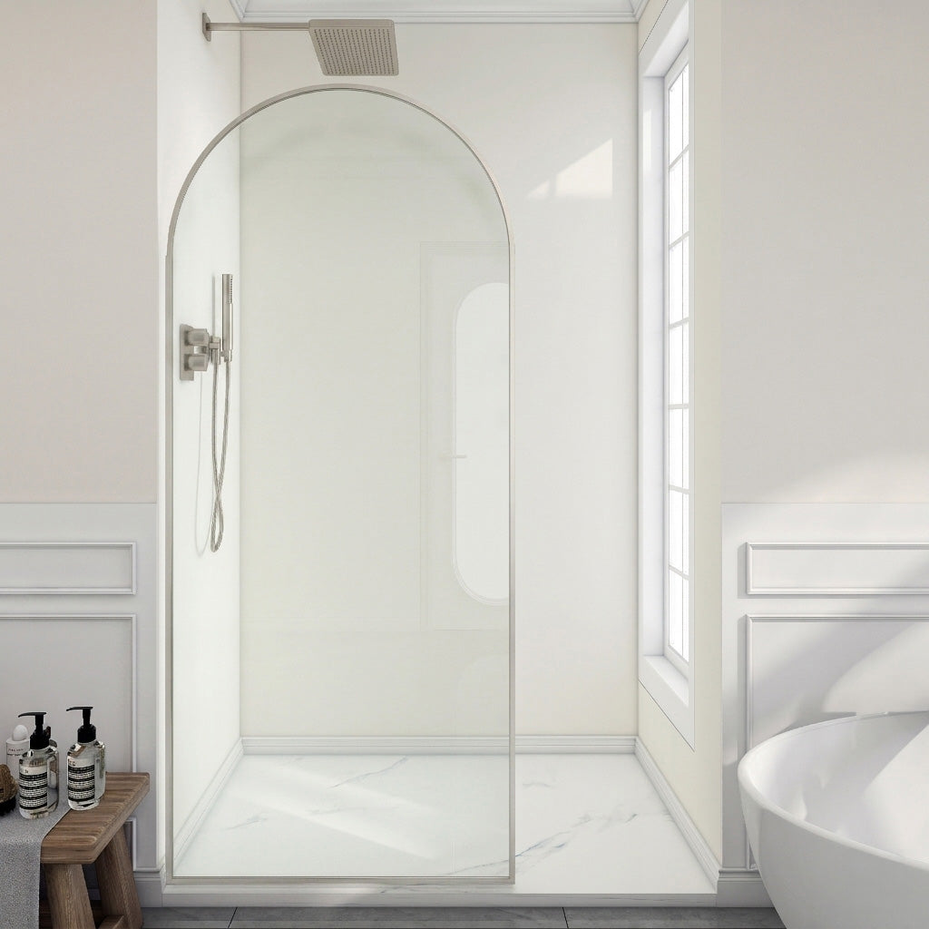 Ember Series 34 in. x 78 in Framed Arch Fixed Shower Screen Door with 8mm Tempered Clear or Fluted Glass