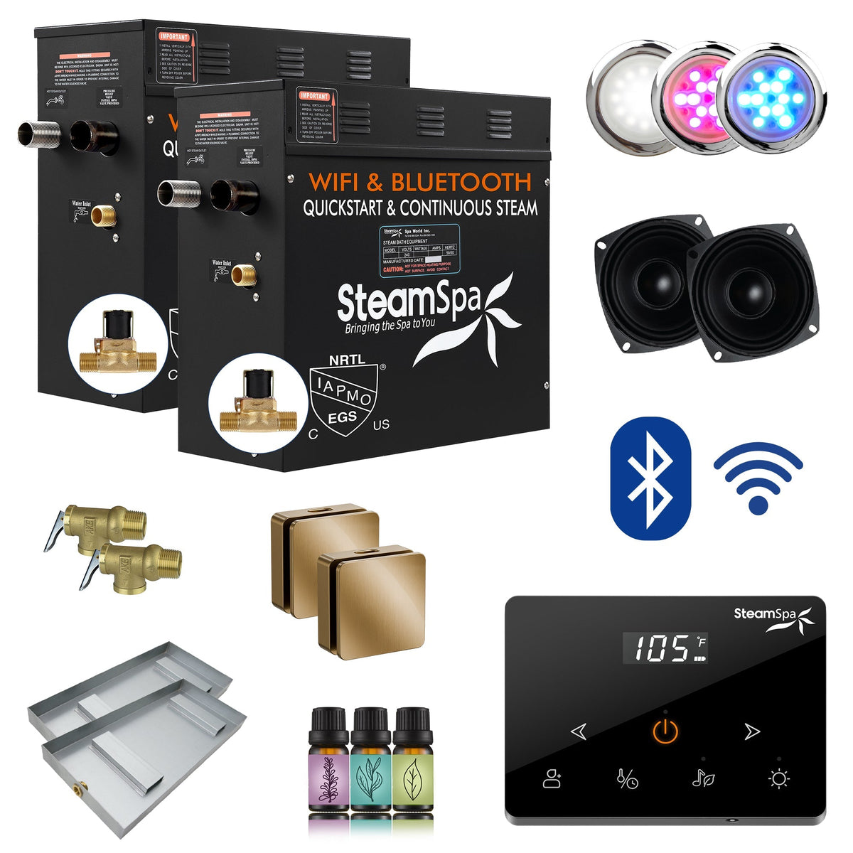Steam Shower Generator, Full Package, Black Wireless Deluxe New Square Heads