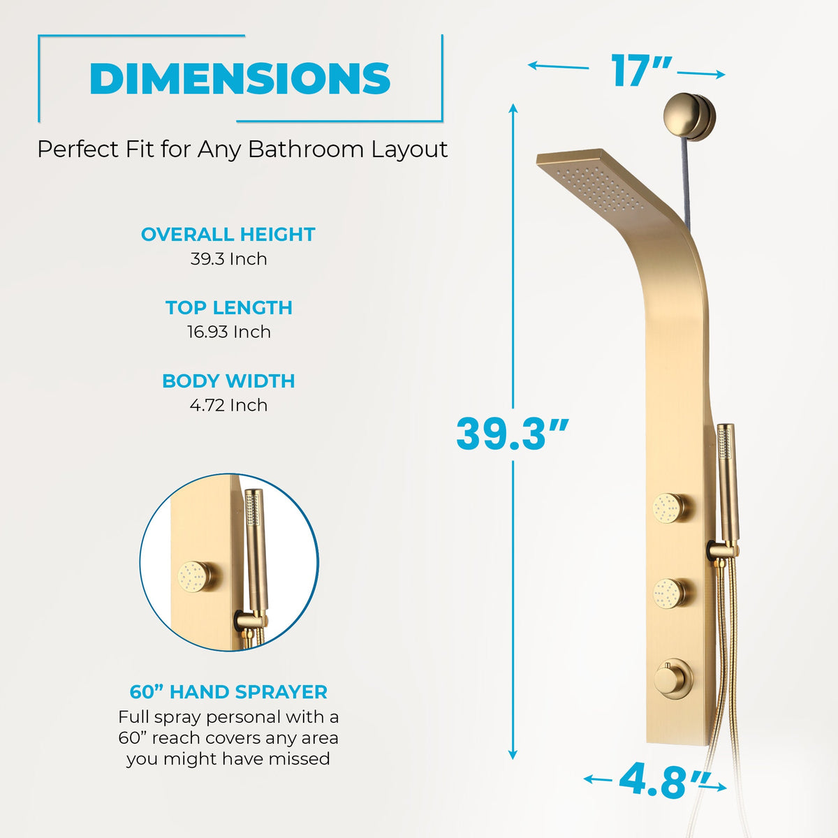 Cici Series 39 in. 2-Jetted Shower Tower with Heavy Rain Shower and Body Jets and Spray Wand
