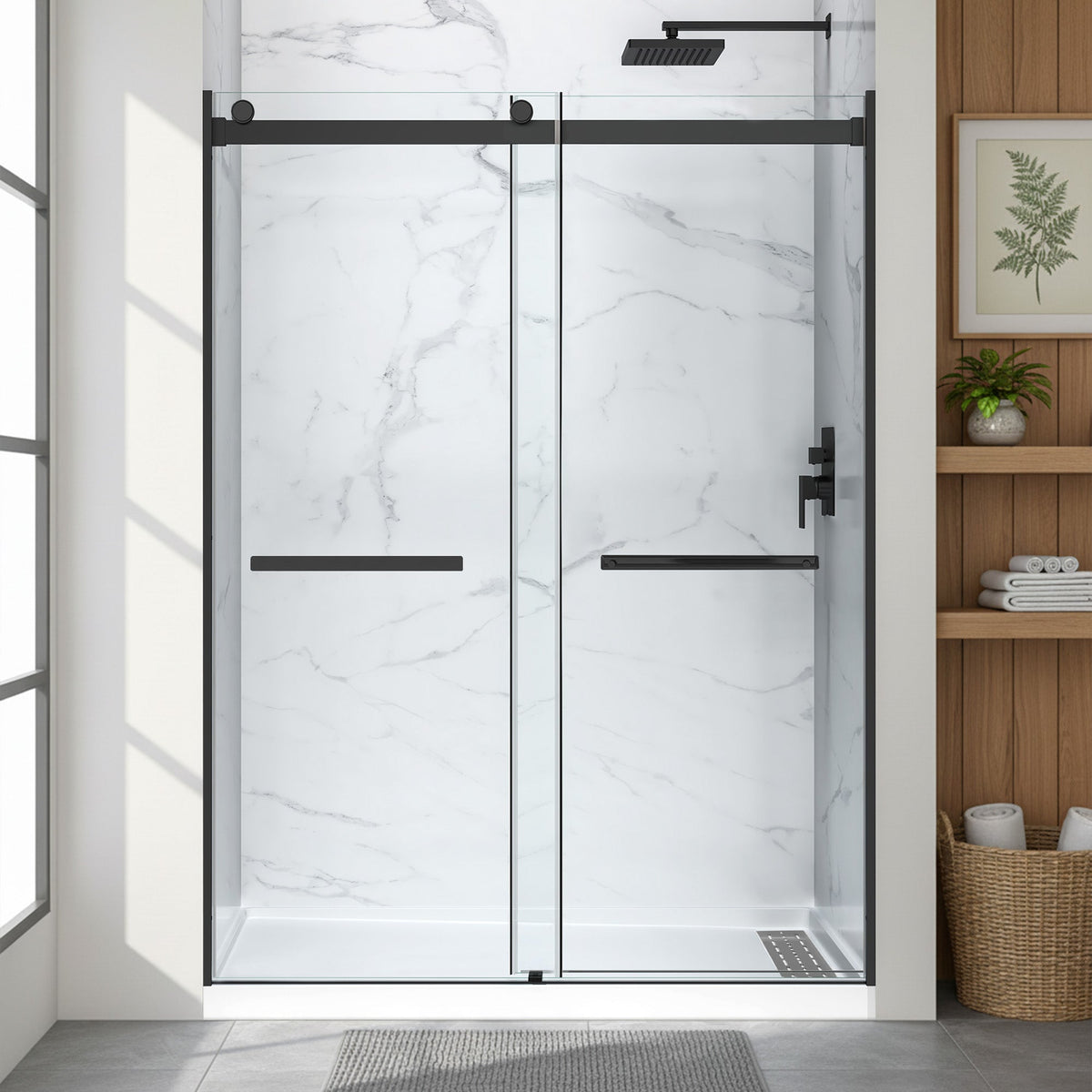 48 x 32 Frameless Shower Door, Pan Only, Kahn Alcove Sliding Combo