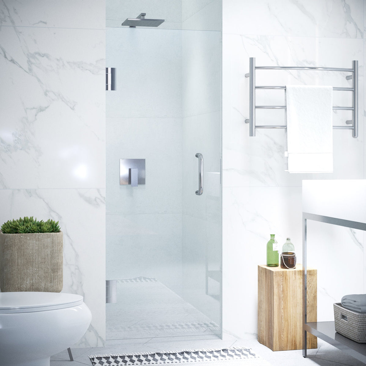 Fellow Series 30 in. x 72 in. Frameless Hinged Shower Door with Clear Tempered Glass and Tsunami Guard