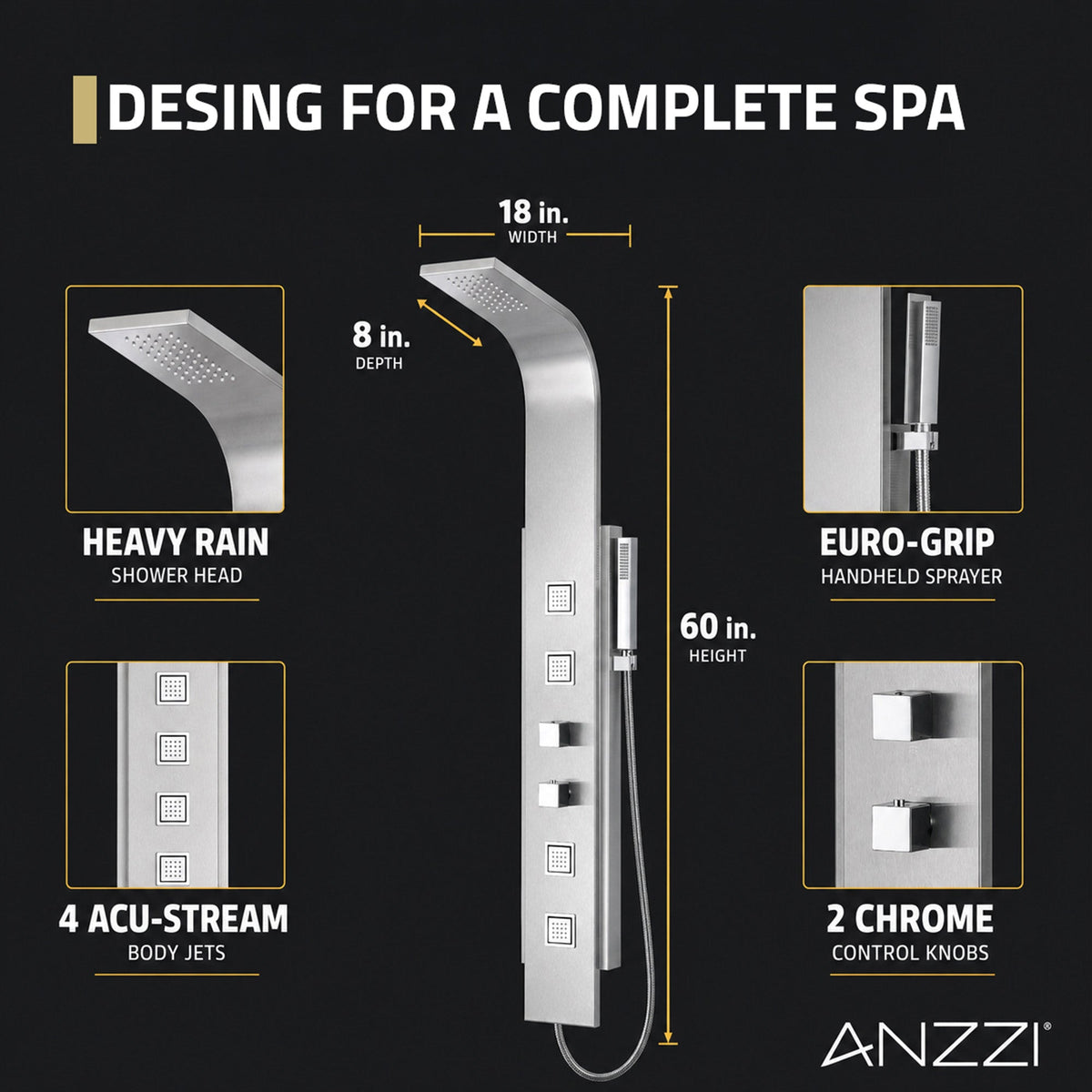 Shower Panel, VISOR Jetted Full Body Brushed Steel