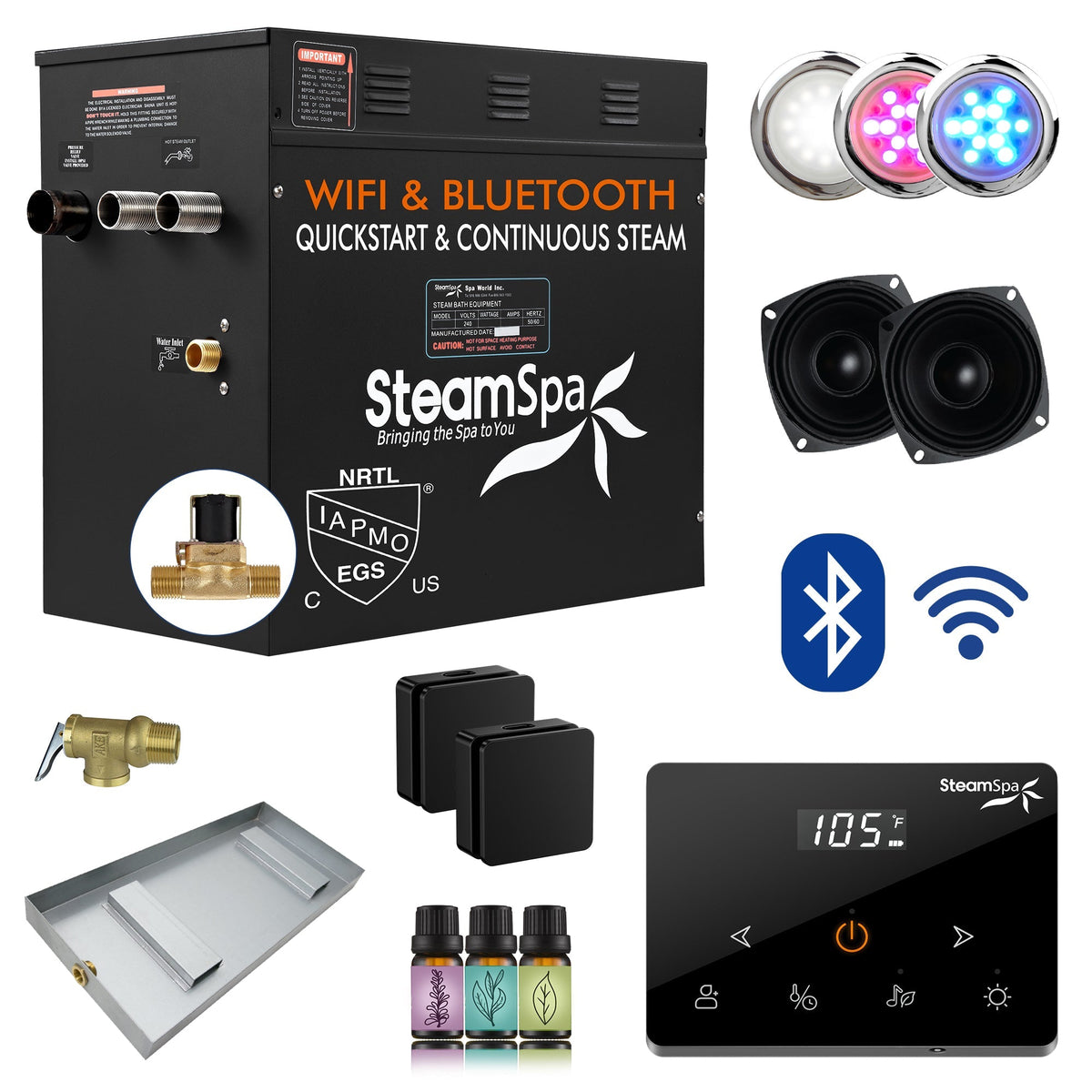 Steam Shower Generator, Full Package, Black Wireless Deluxe New Square Heads