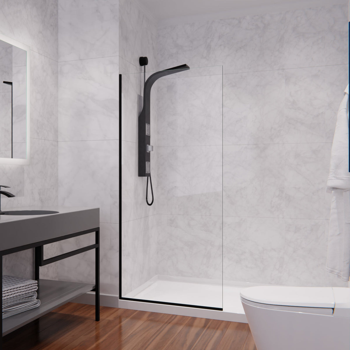 Screen Series 34 in. x 74 in. Fixed Semi-frameless Shower Door with Tsunami Guard Tempered Clear Glass