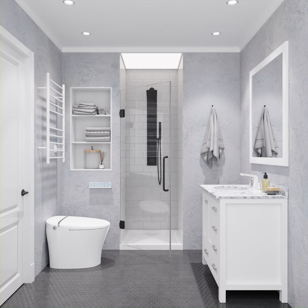 Fellow Series 24 in. x 70 in. Frameless Hinged Shower Door with Clear/Frosted Tempered Glass and Tsunami Guard