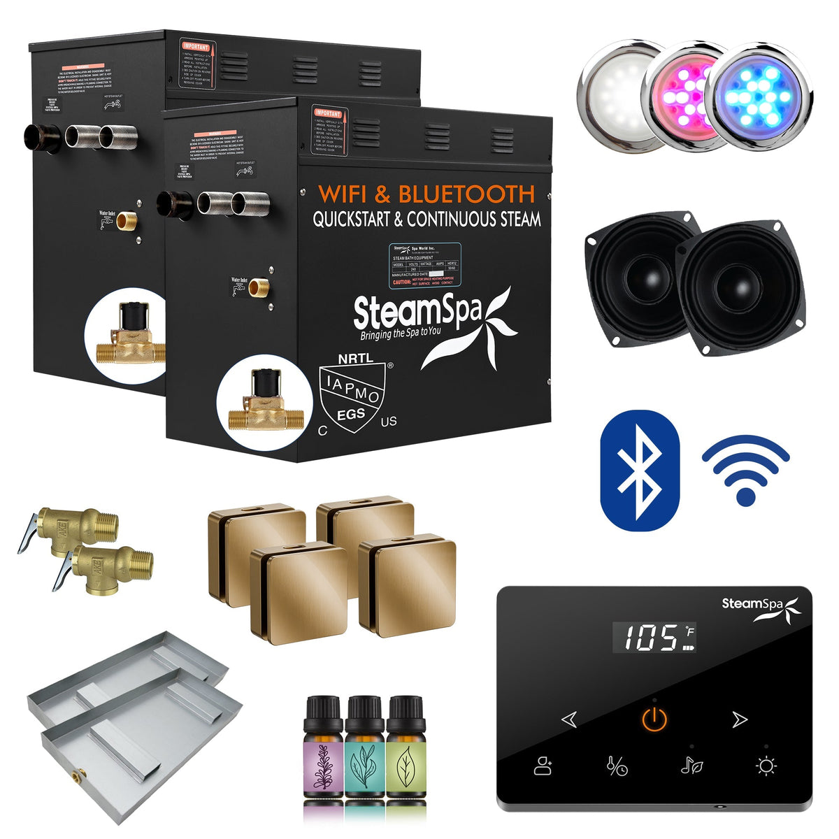 Steam Shower Generator, Full Package, Black Wireless Deluxe New Square Heads