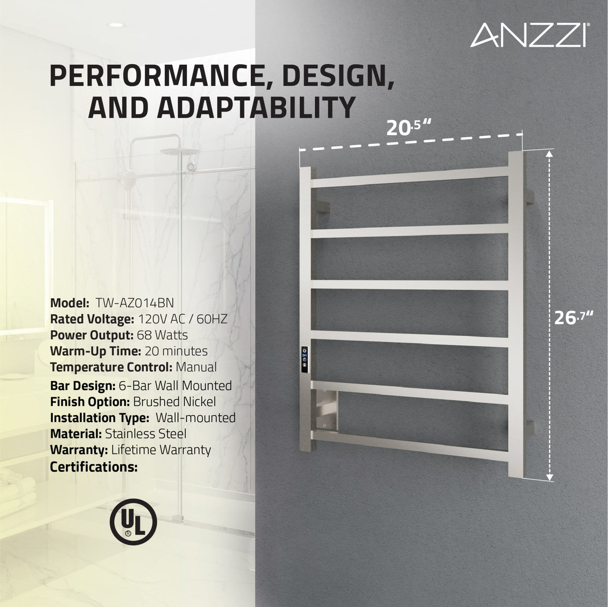 Towel Warmer, ANZZI Charles Bar Mounted