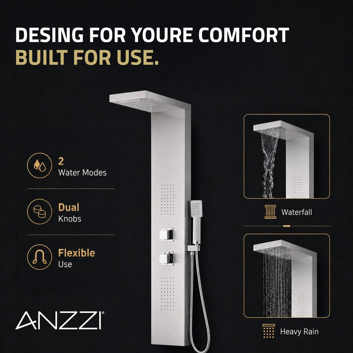 Expanse Series 57 in. 2-Jetted Full Body Shower Panel System with Heavy Rain Shower and Spray Wand in Brushed Steel