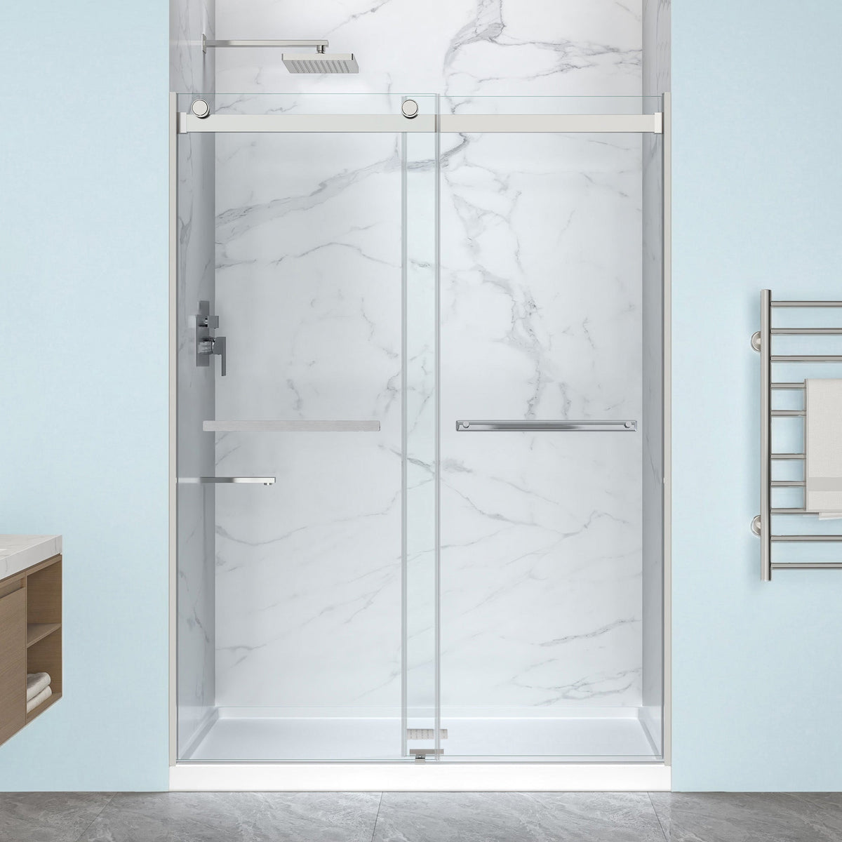 48 x 32 Frameless Shower Door, Pan Only, Kahn Alcove Sliding Combo