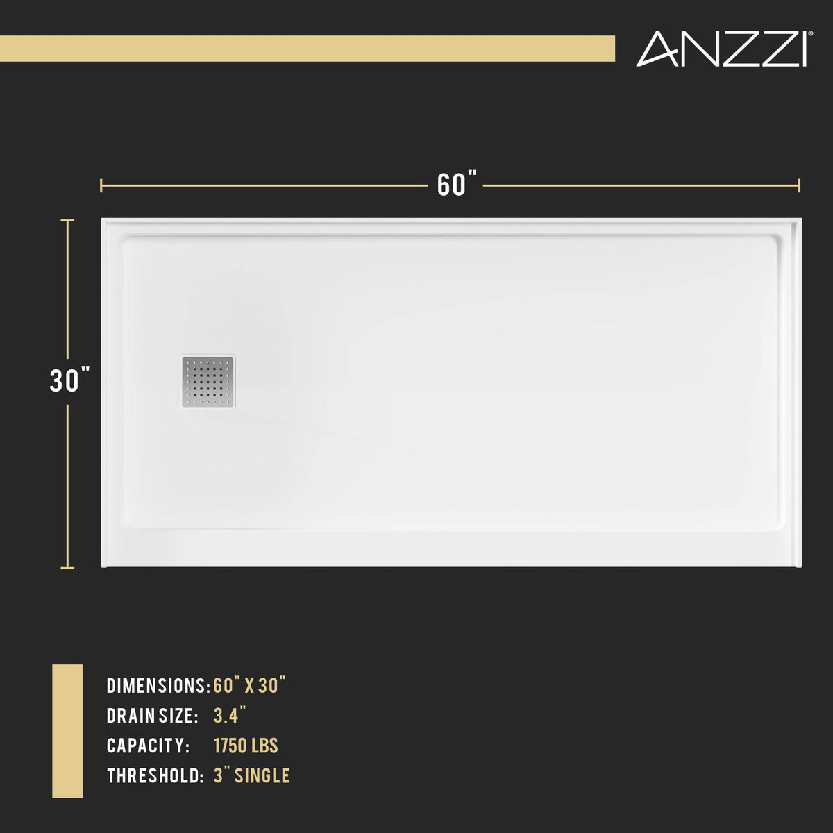 ANZZI Alexander 60" x 30" Alcove Shower Pan, Compression Molded ANR Material (3X Impact Resistant), Low Threshold, Stain