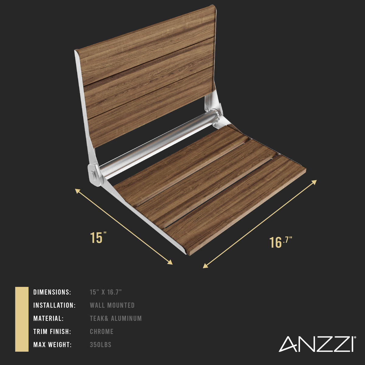 17 x 17 Shower Seat, ANZZI Saxon Folding Teak