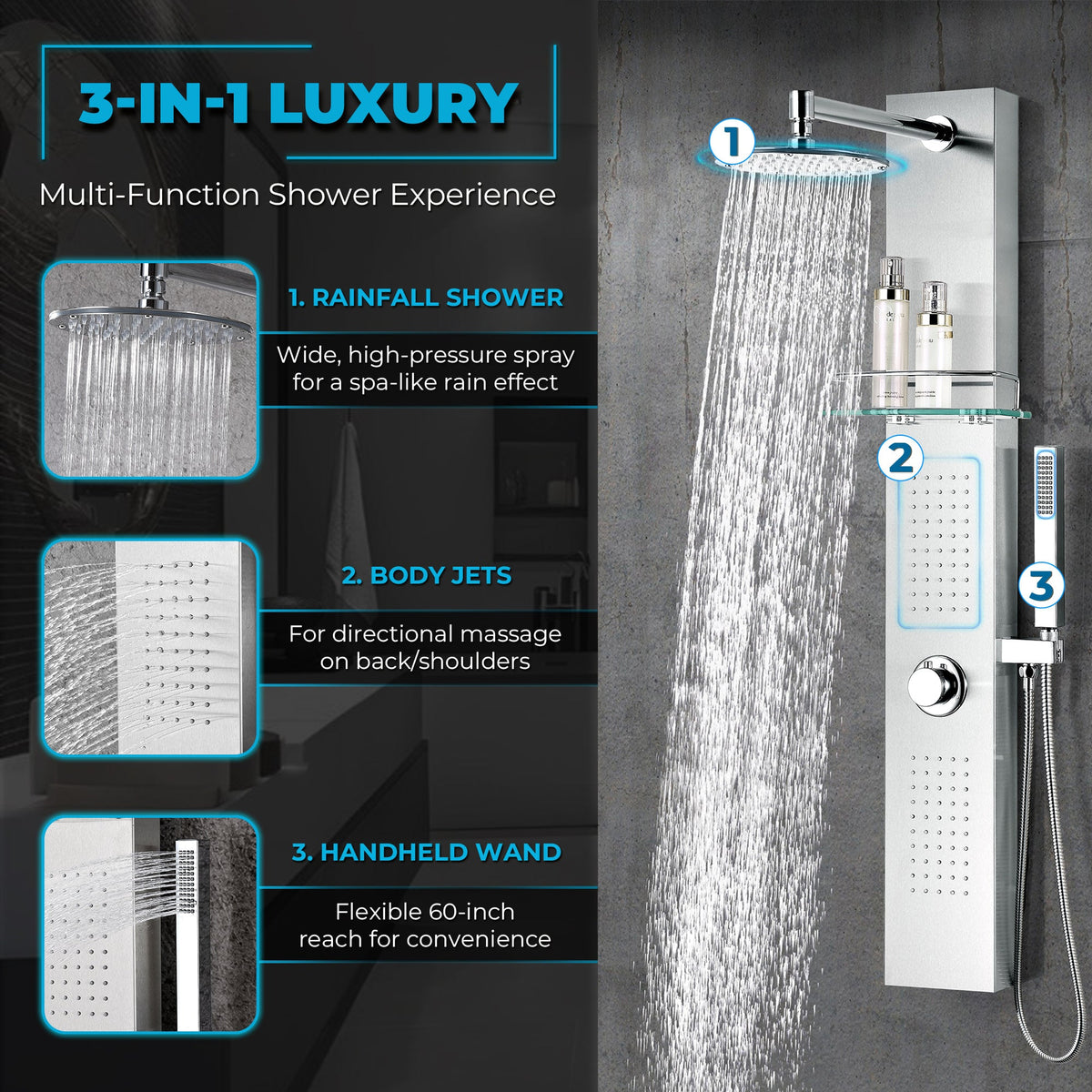 Coastal Series 44 in. 2-Jetted Full Body Shower Tower System with Rainfall Showerhead and Spray Wand in Brushed Steel
