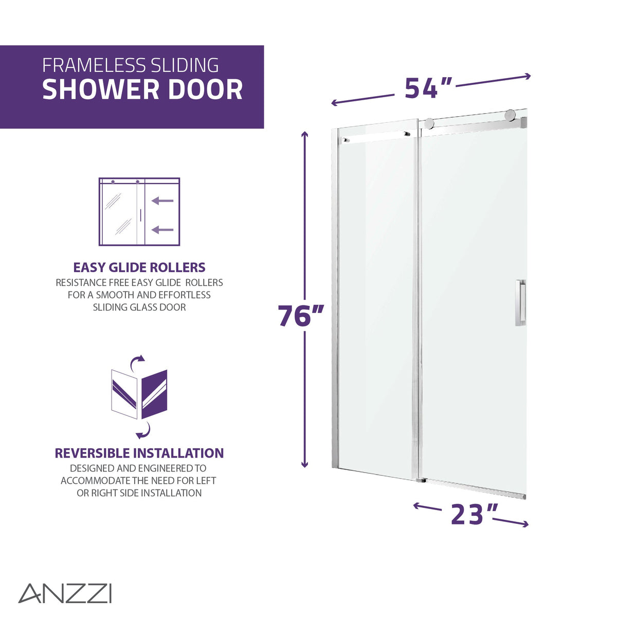 54 x 76 Frameless Shower Door, Rhodes Sliding Tsunami Guard