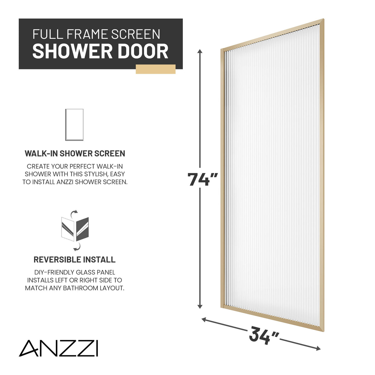 Welle 34 in. x 74 in. Framed Fixed Shower Screen Door with 5/16" (8mm) Tempered Fluted or Clear Glass