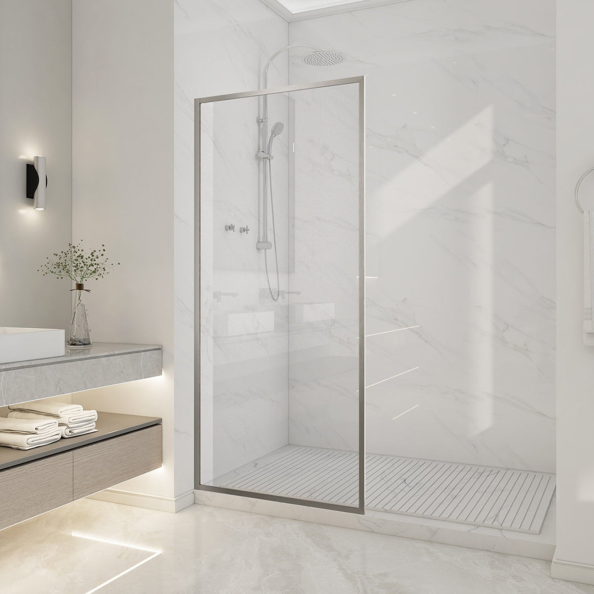 Welle 34 in. x 74 in. Framed Fixed Shower Screen Door with 5/16" (8mm) Tempered Fluted or Clear Glass