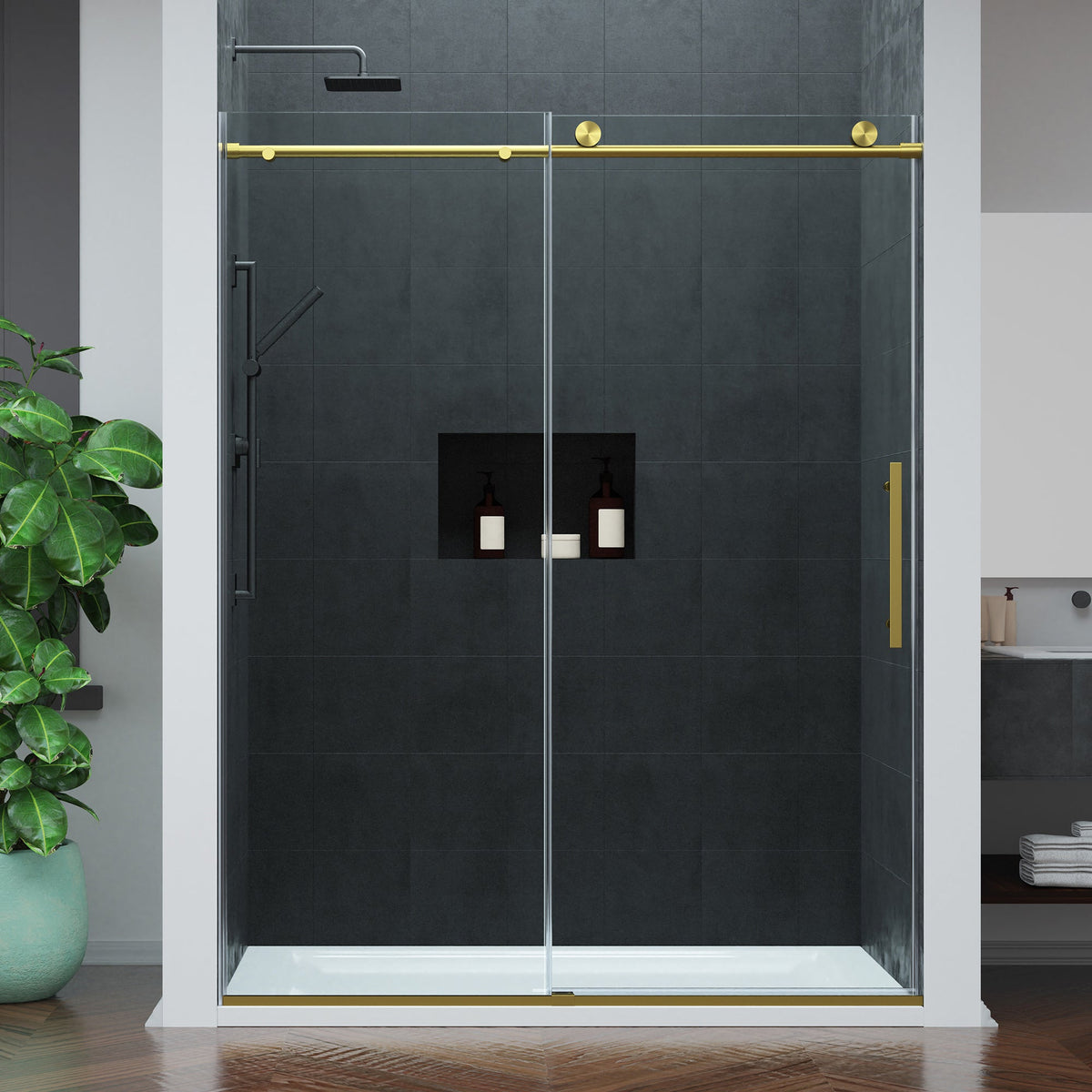 Mountain 60 in x 76 in. Reversible Frameless Sliding Deco-Glass Shower Door with Soft-Close System - Multiple Finishes