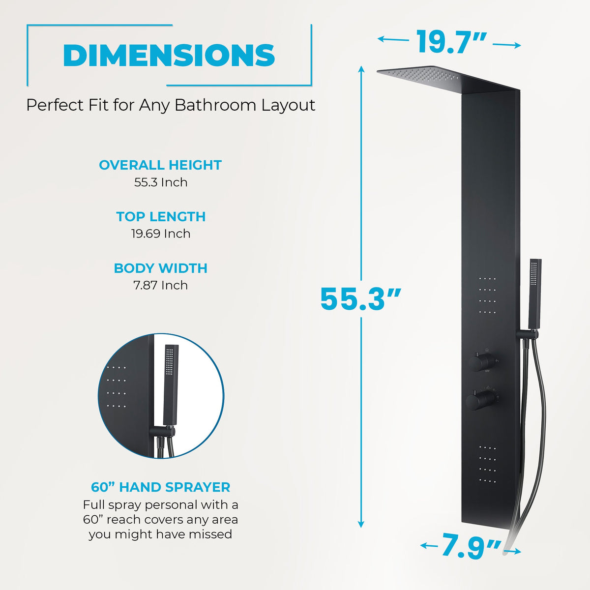 Collines Series 55 in. 2-Jetted Shower Tower with Heavy Rain Shower and Jets and Spray Wand