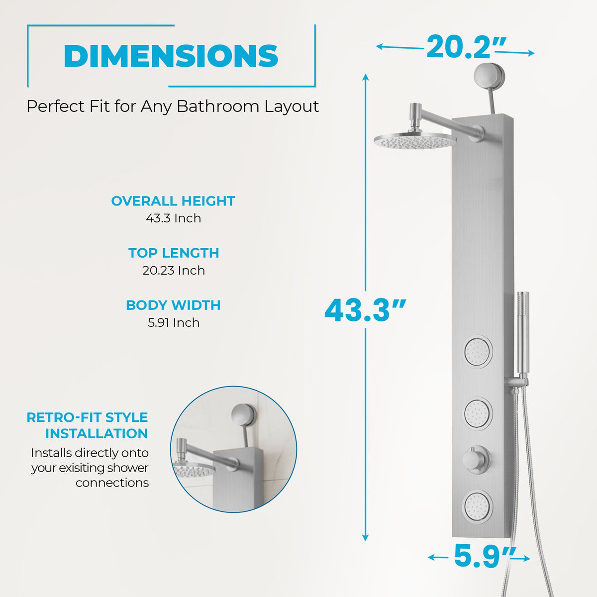 Beverly Series 43 in. 3-Jetted Shower Tower with Heavy Rain Shower and Body Jets and Spray Wand