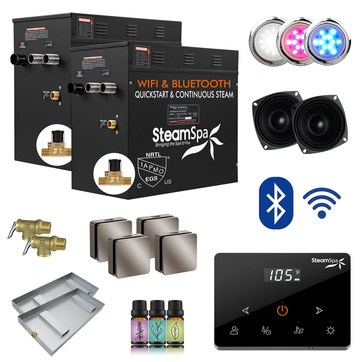 Steam Shower Generator, Full Package, Black Wireless Deluxe New Square Heads