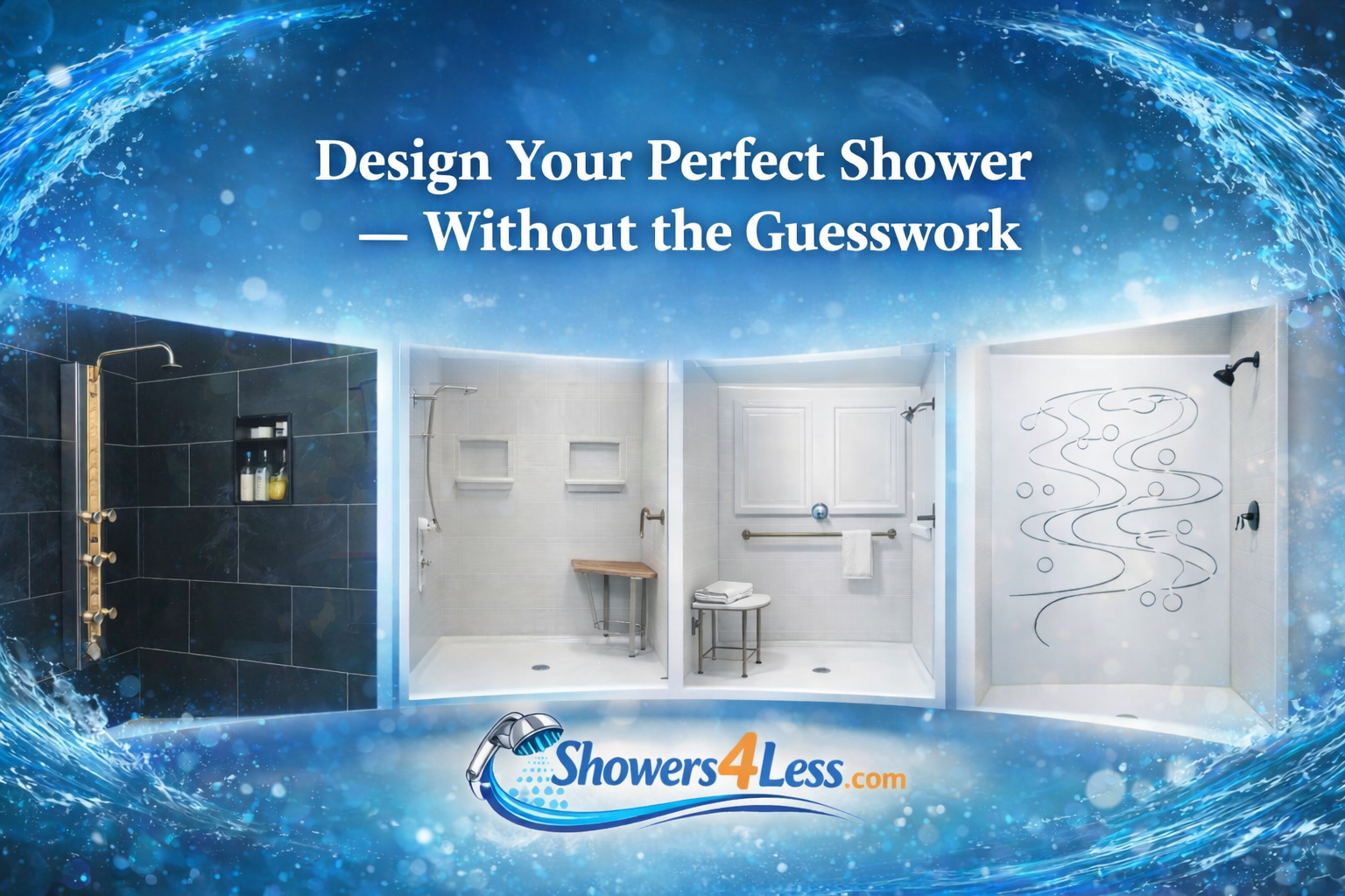 Custom shower design inspiration showing modern barrier free and low threshold shower options from Showers4Less