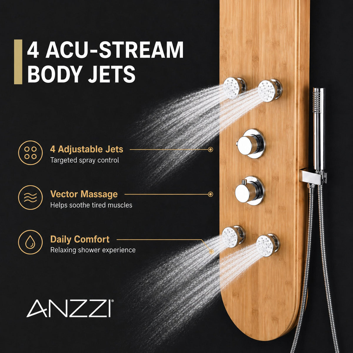Crane Series 52 in. Full Body Shower Panel with Heavy Rain Shower and Body Jets and Spray Wand in Natural Bamboo