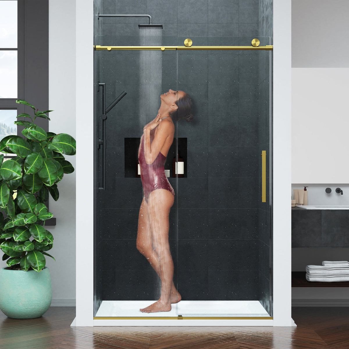 Mountain 48 in. W x 76 in. H Reversible Frameless Sliding Glass Shower Door with Soft-Close System - Multiple Finishes